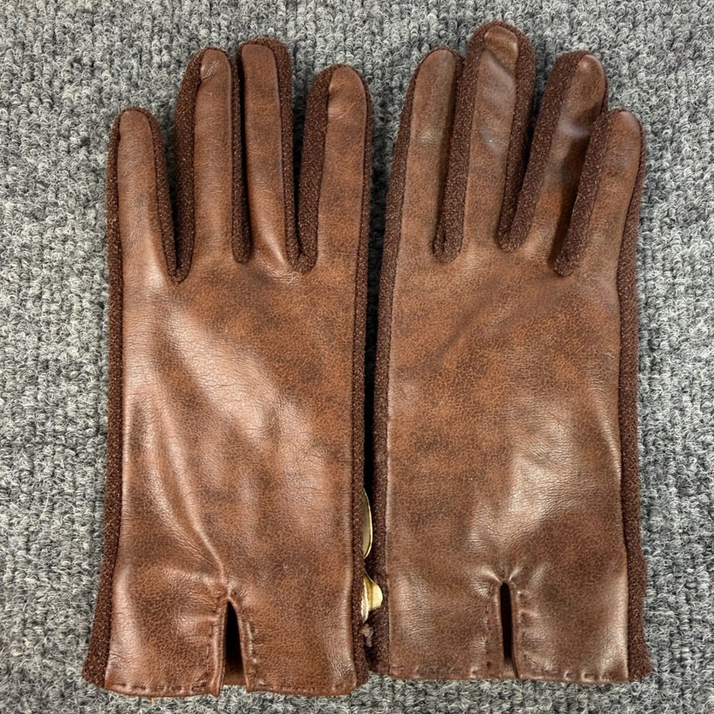 Vintage Grandoe‎ Leather Gloves NOS Brown Stretch On Sides Women Size 6–6½ 1960s
